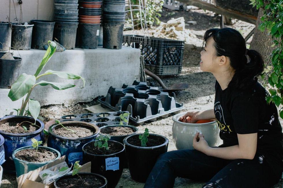 Students resting after working on the garden